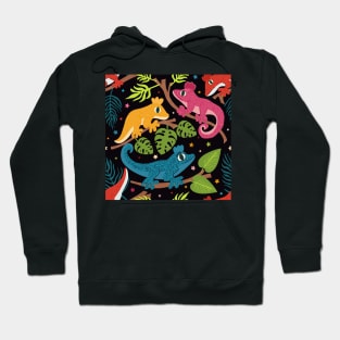 Colourful Crested Geckos with Jungle Leaves and Stars on Black Hoodie